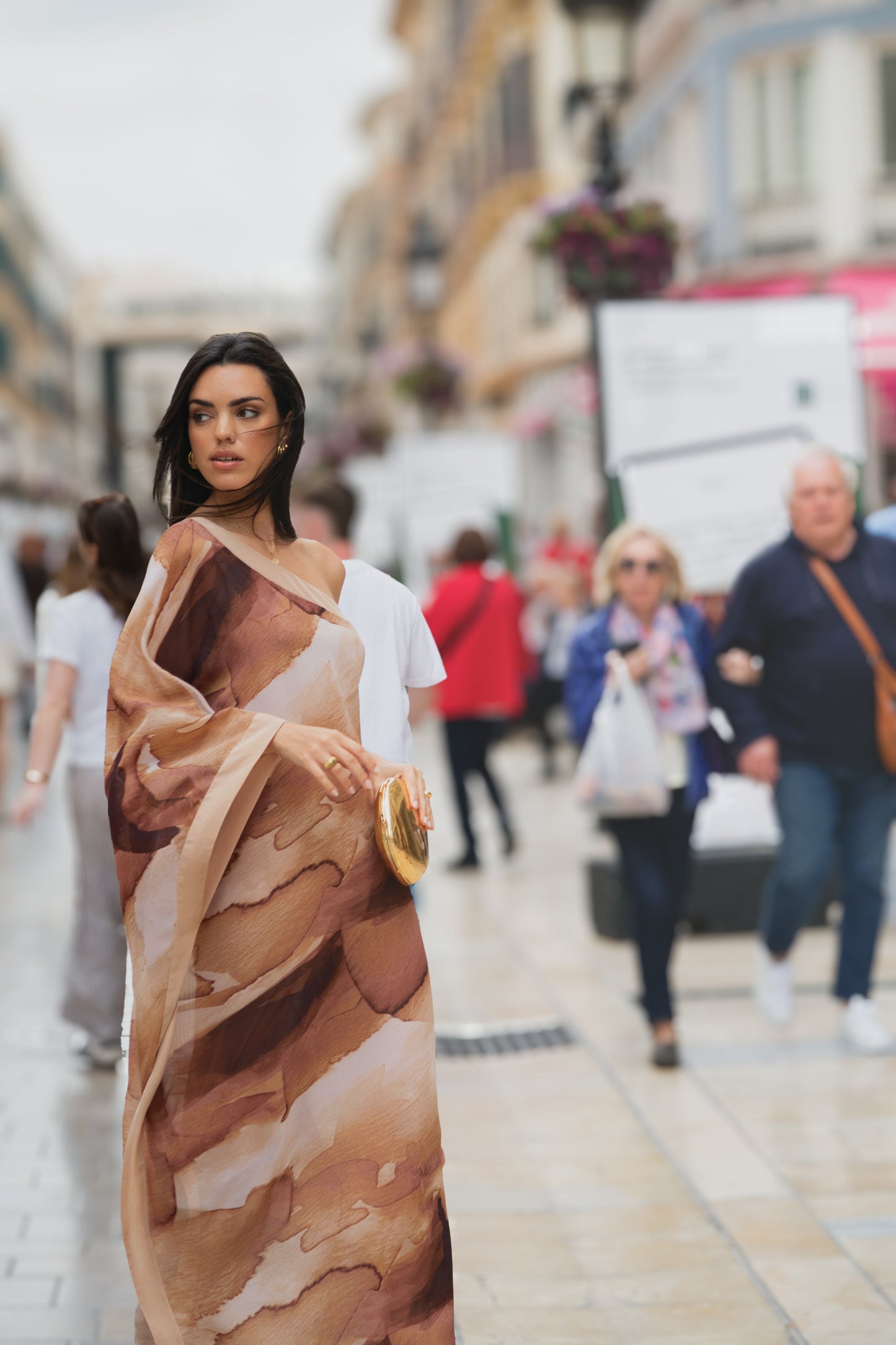 Tan Abstract Mariel One Shoulder Maxi Dress