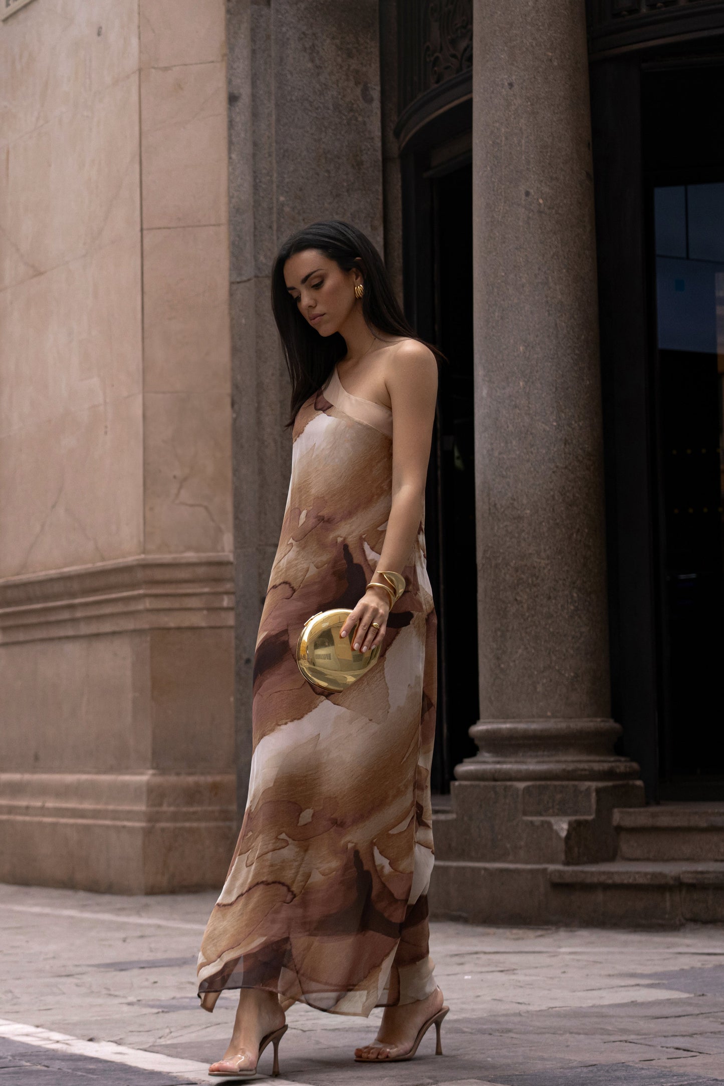 Tan Abstract Mariel One Shoulder Maxi Dress