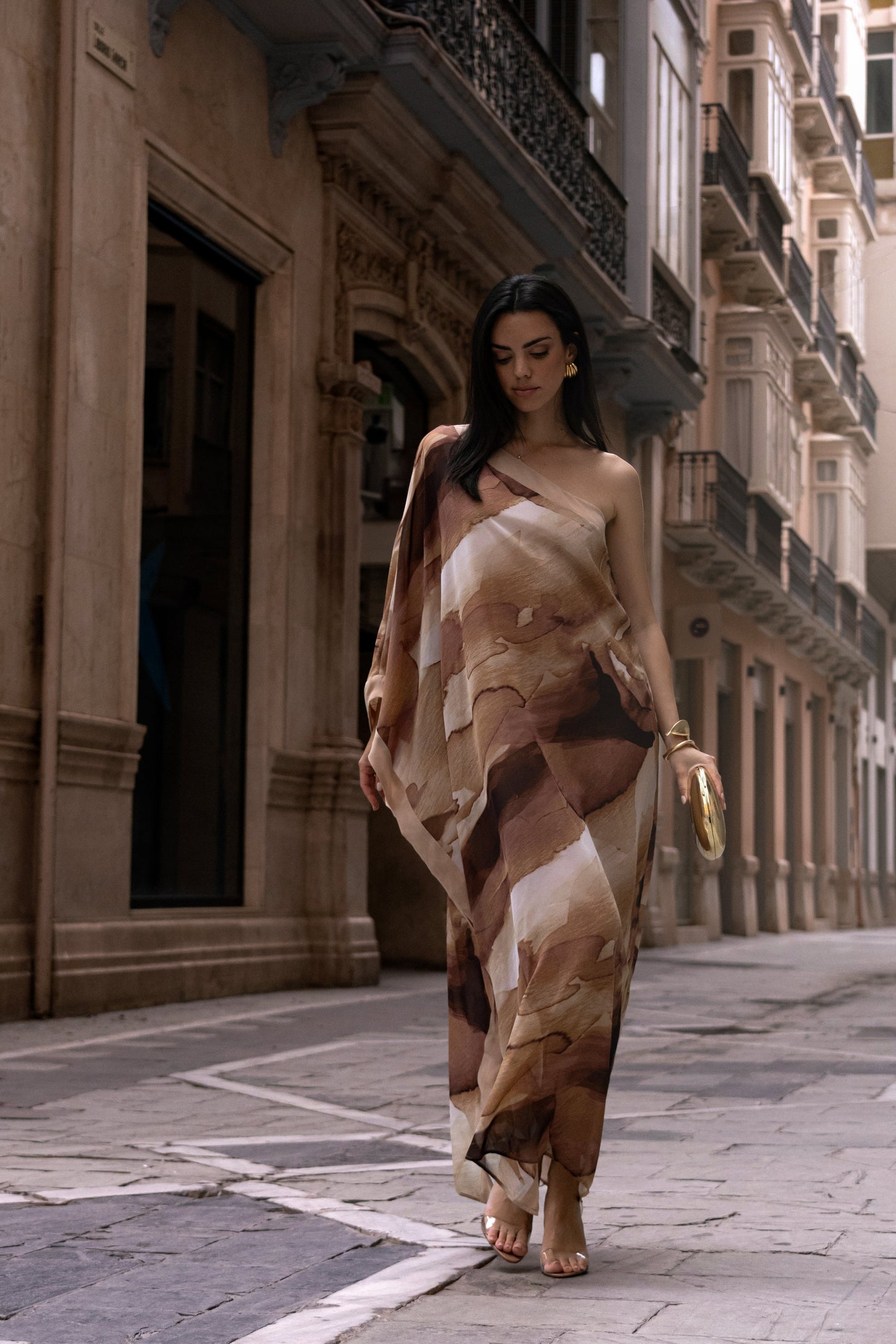 Tan Abstract Mariel One Shoulder Maxi Dress