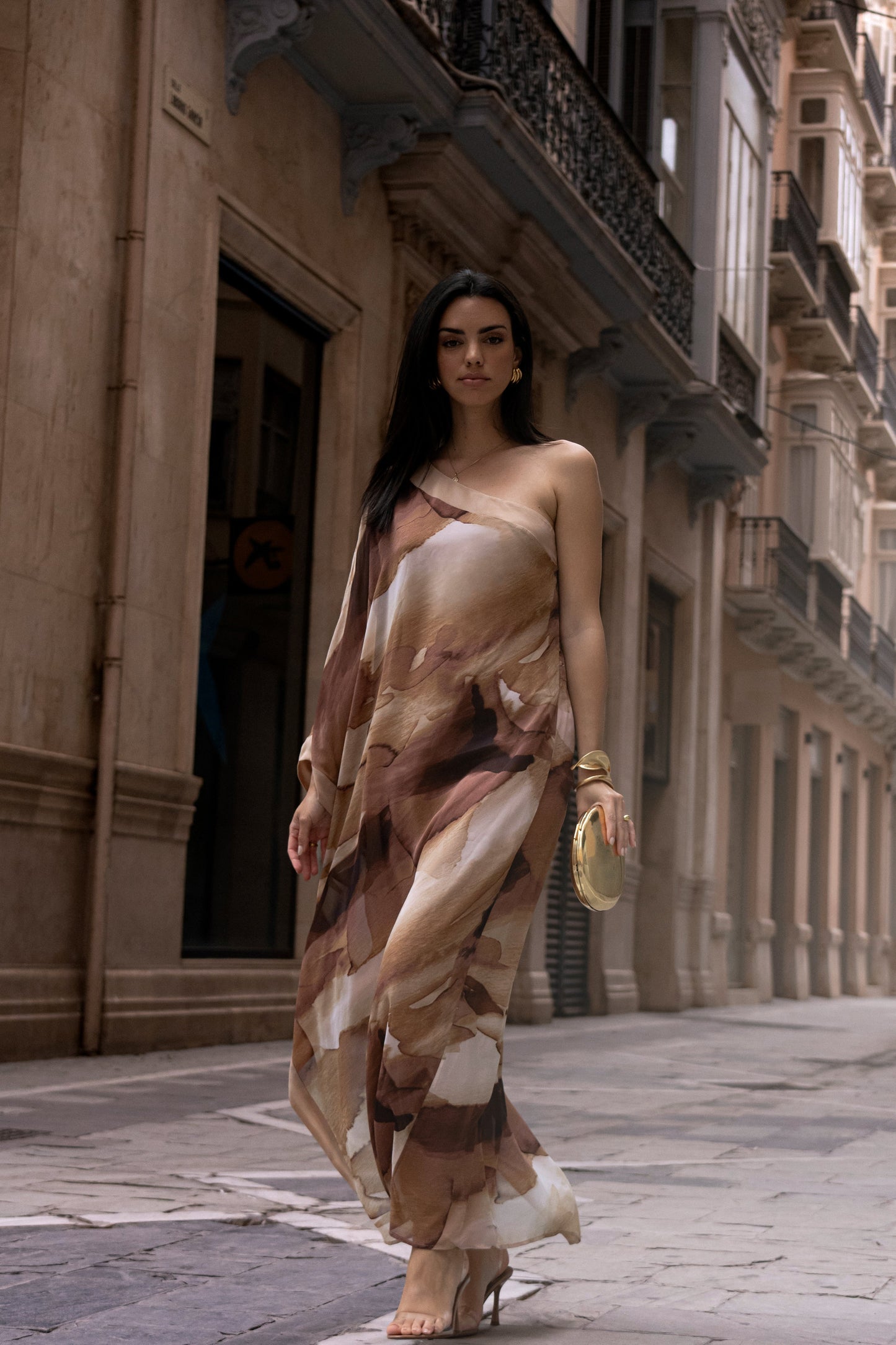 Tan Abstract Mariel One Shoulder Maxi Dress