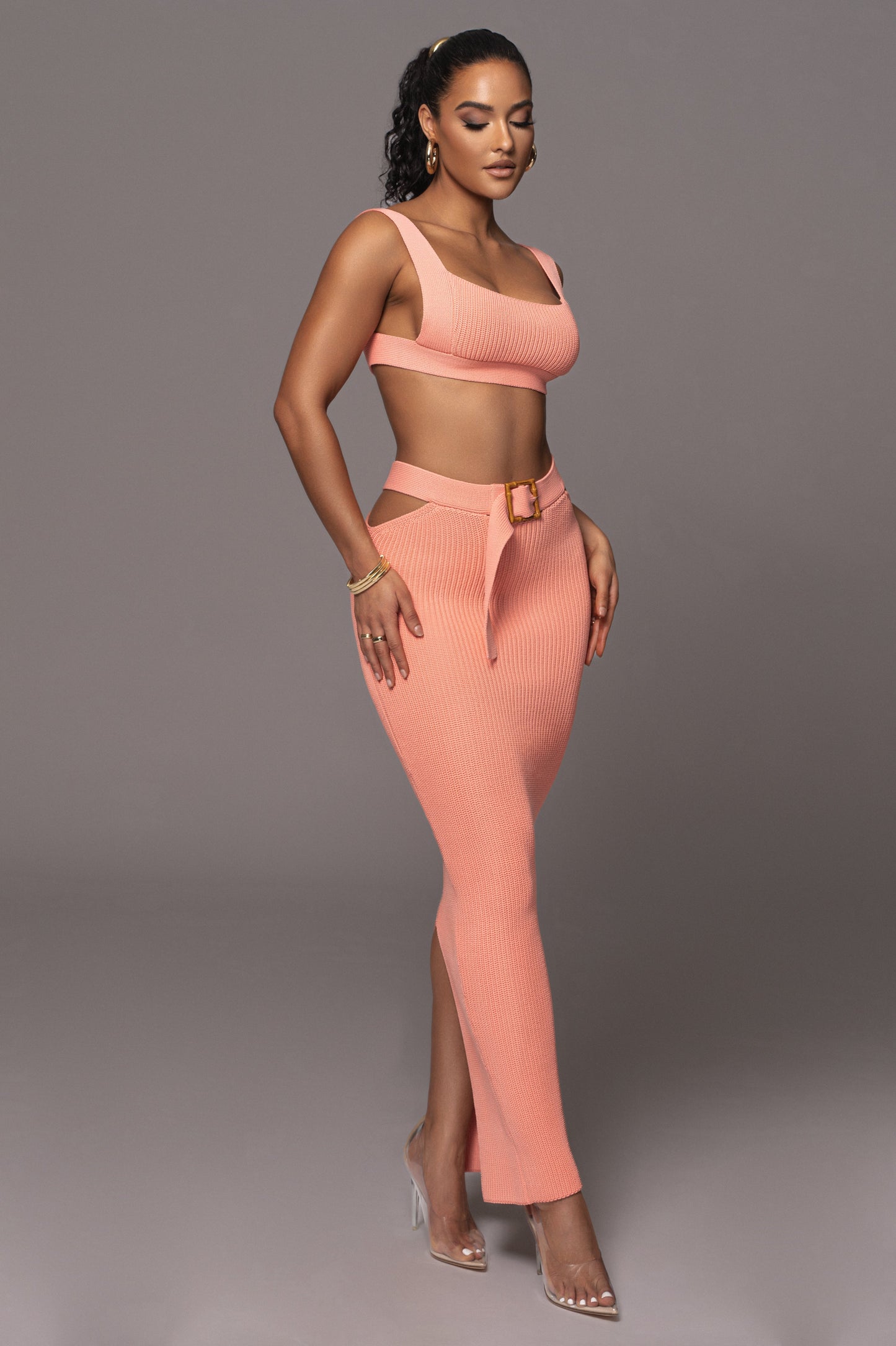 Peach Nikole Ribbed Skirt Set