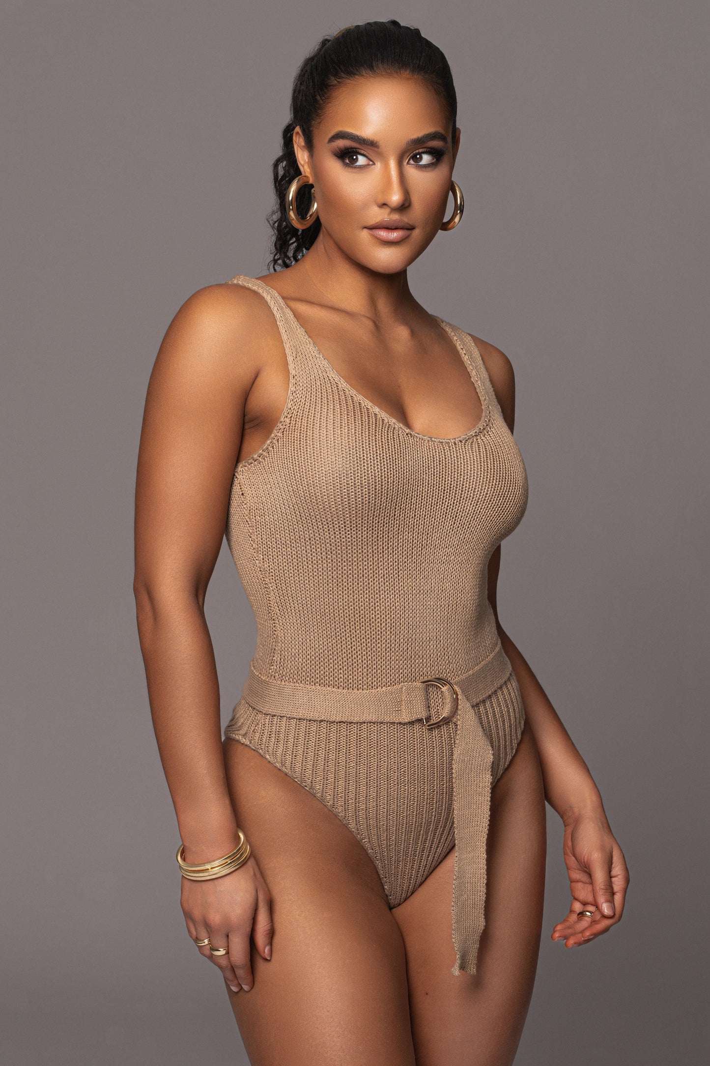 Taupe Juliette Knit Belted One Piece