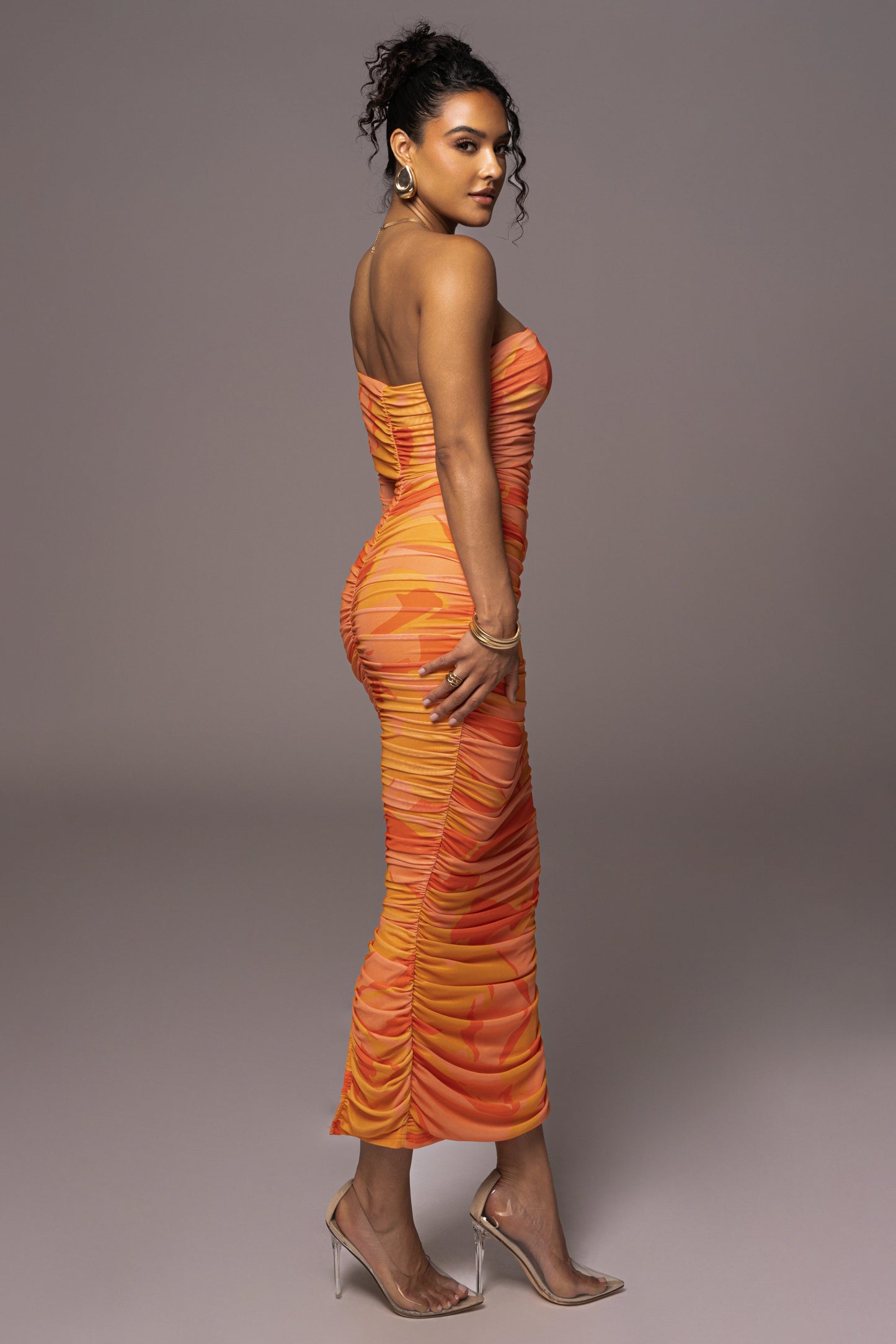 Orange Capri Ruched Dress