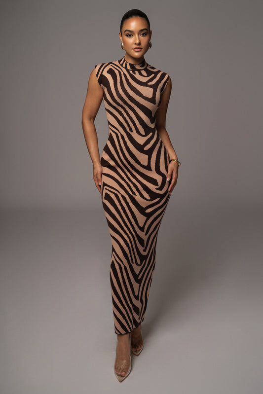 Brown Abstract Print Edel Mock Maxi Dress