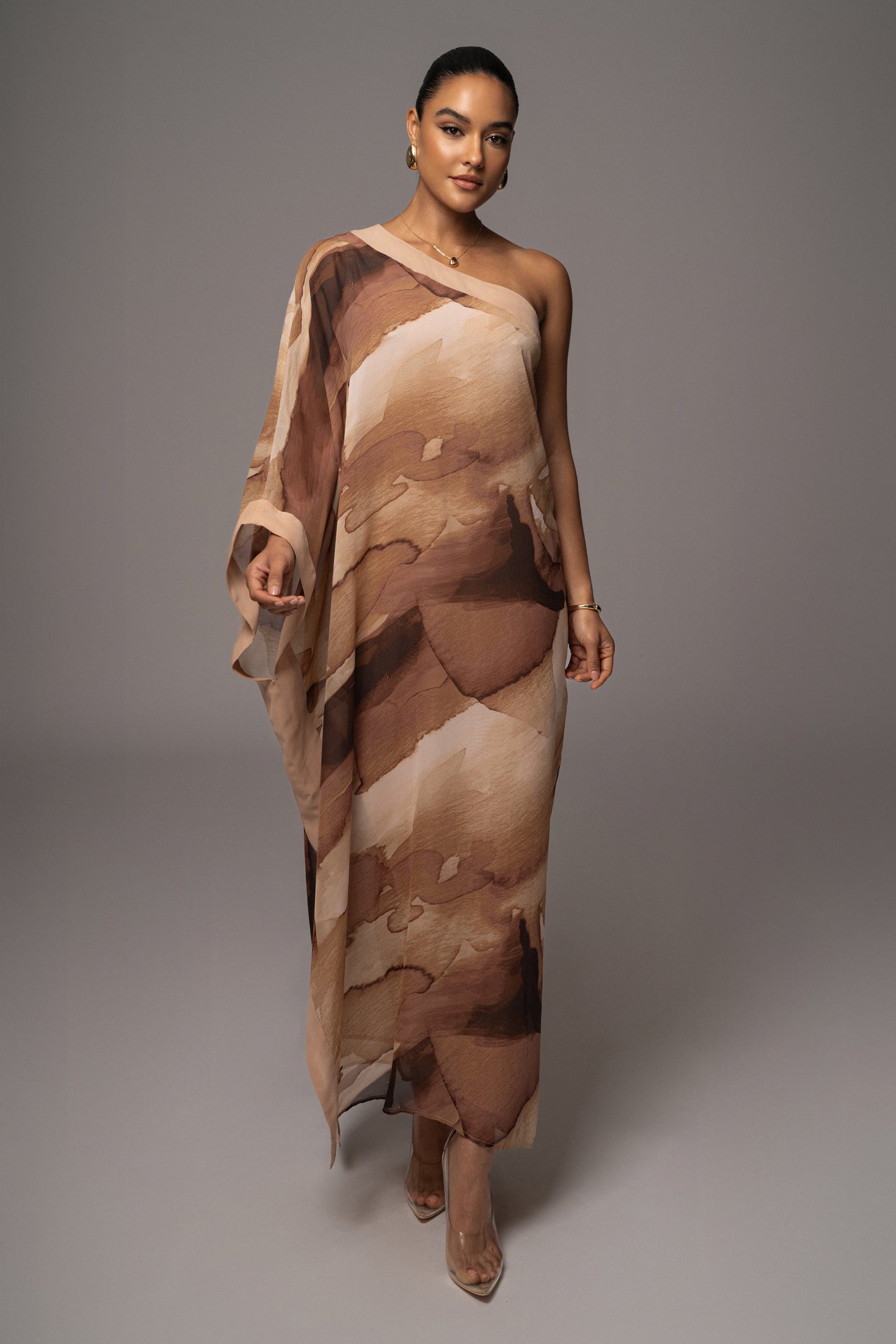 Tan Abstract Mariel One Shoulder Maxi Dress