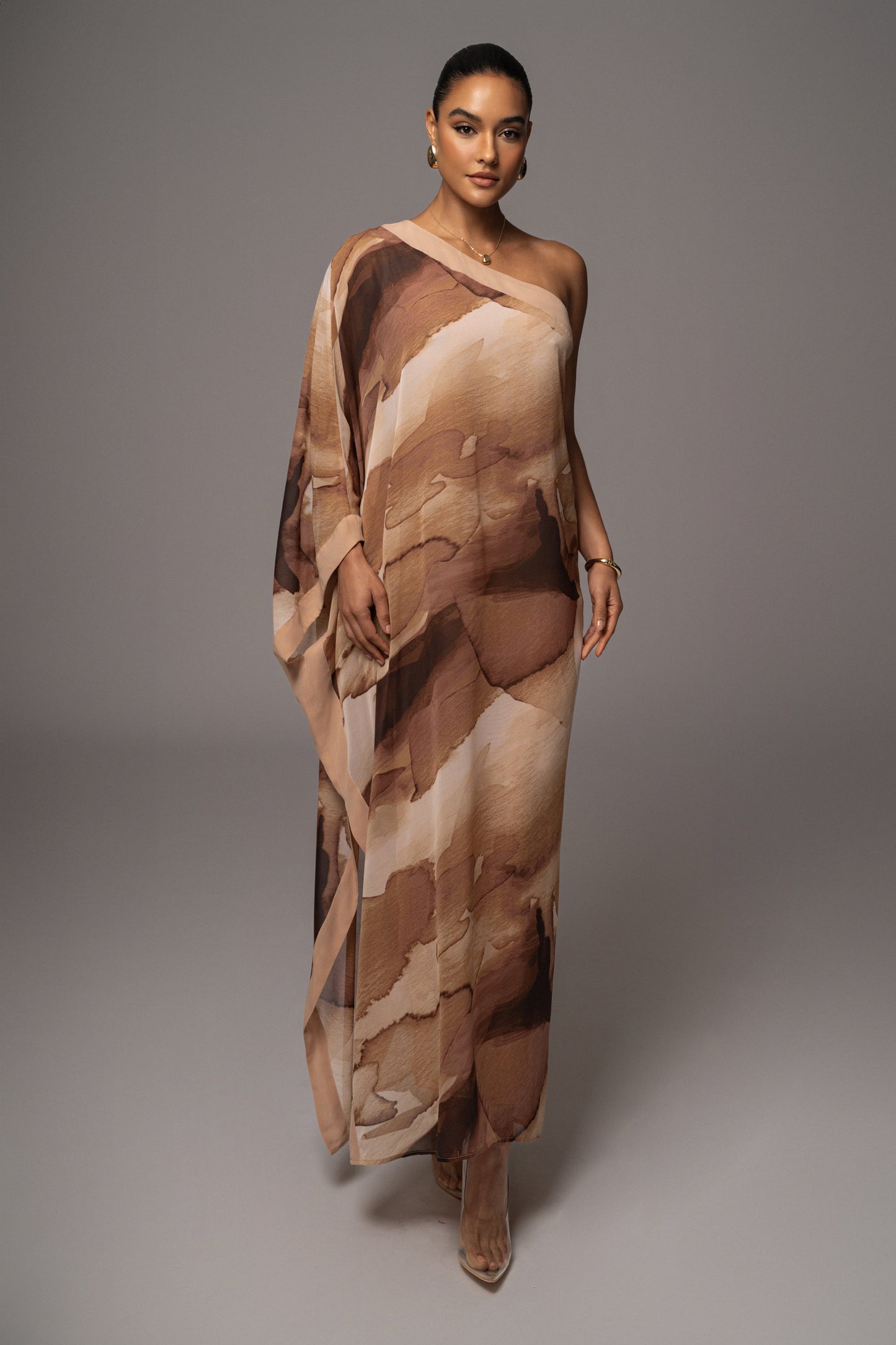 Tan Abstract Mariel One Shoulder Maxi Dress