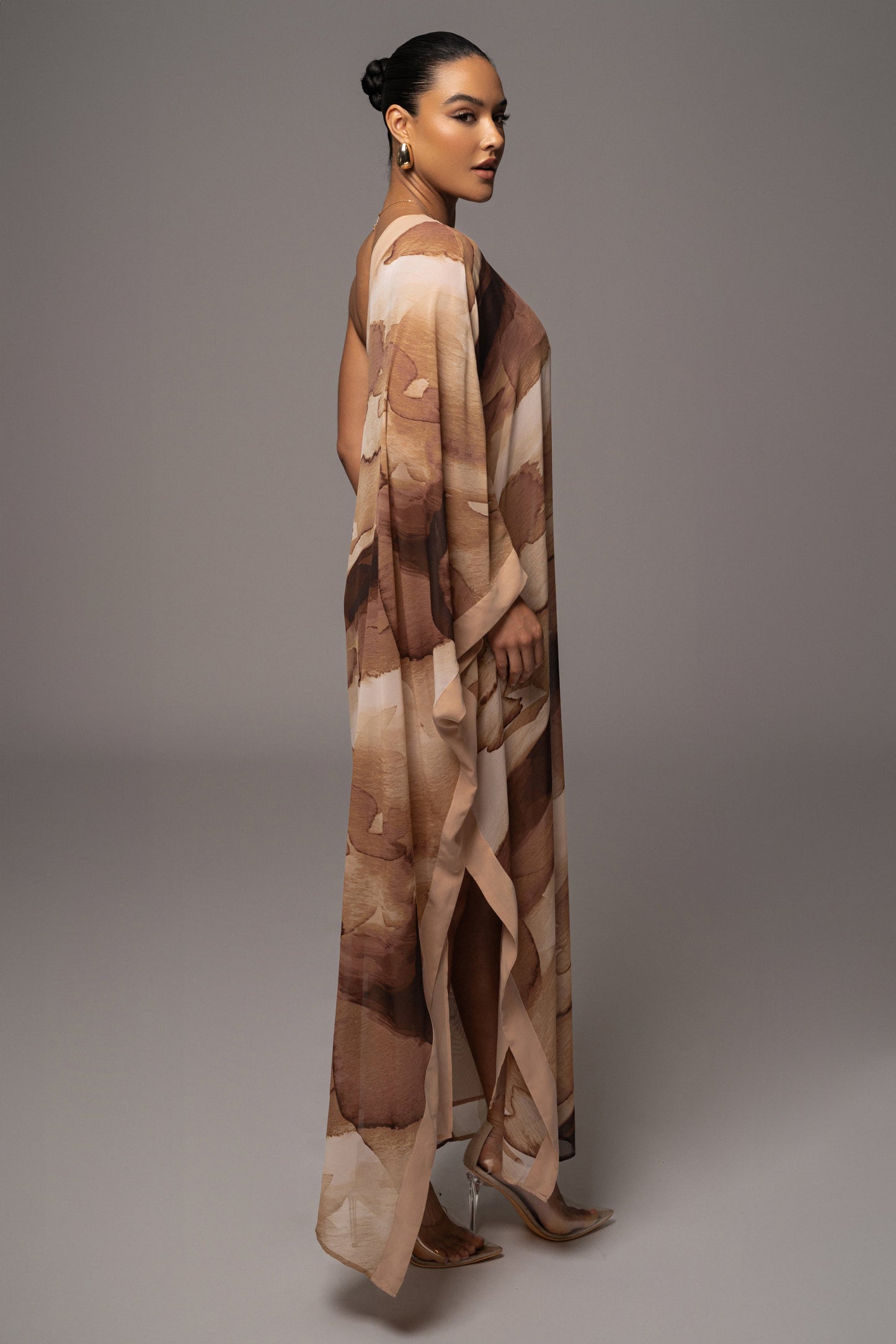 Tan Abstract Mariel One Shoulder Maxi Dress