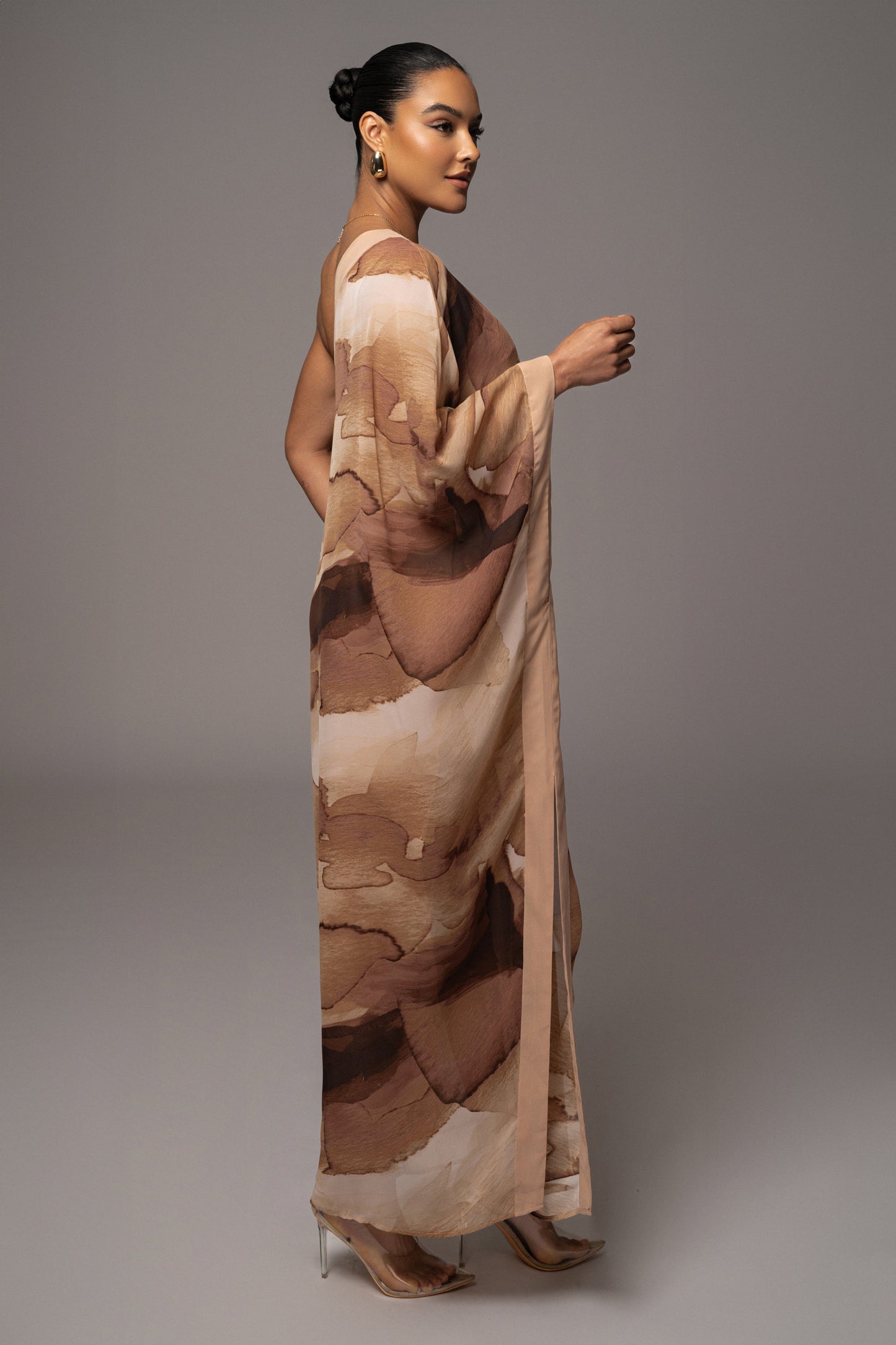 Tan Abstract Mariel One Shoulder Maxi Dress