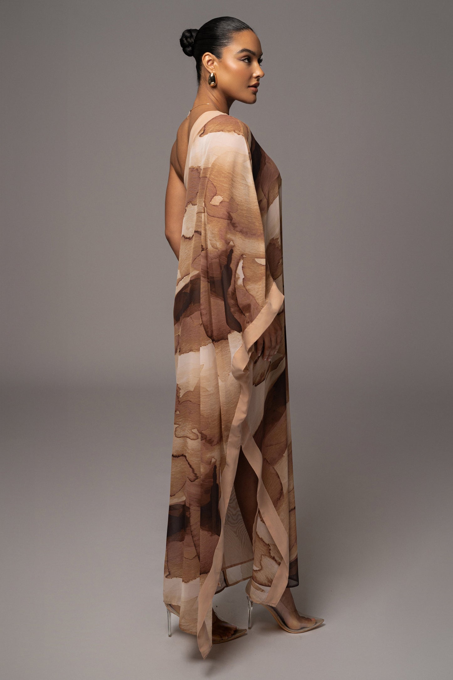 Tan Abstract Mariel One Shoulder Maxi Dress