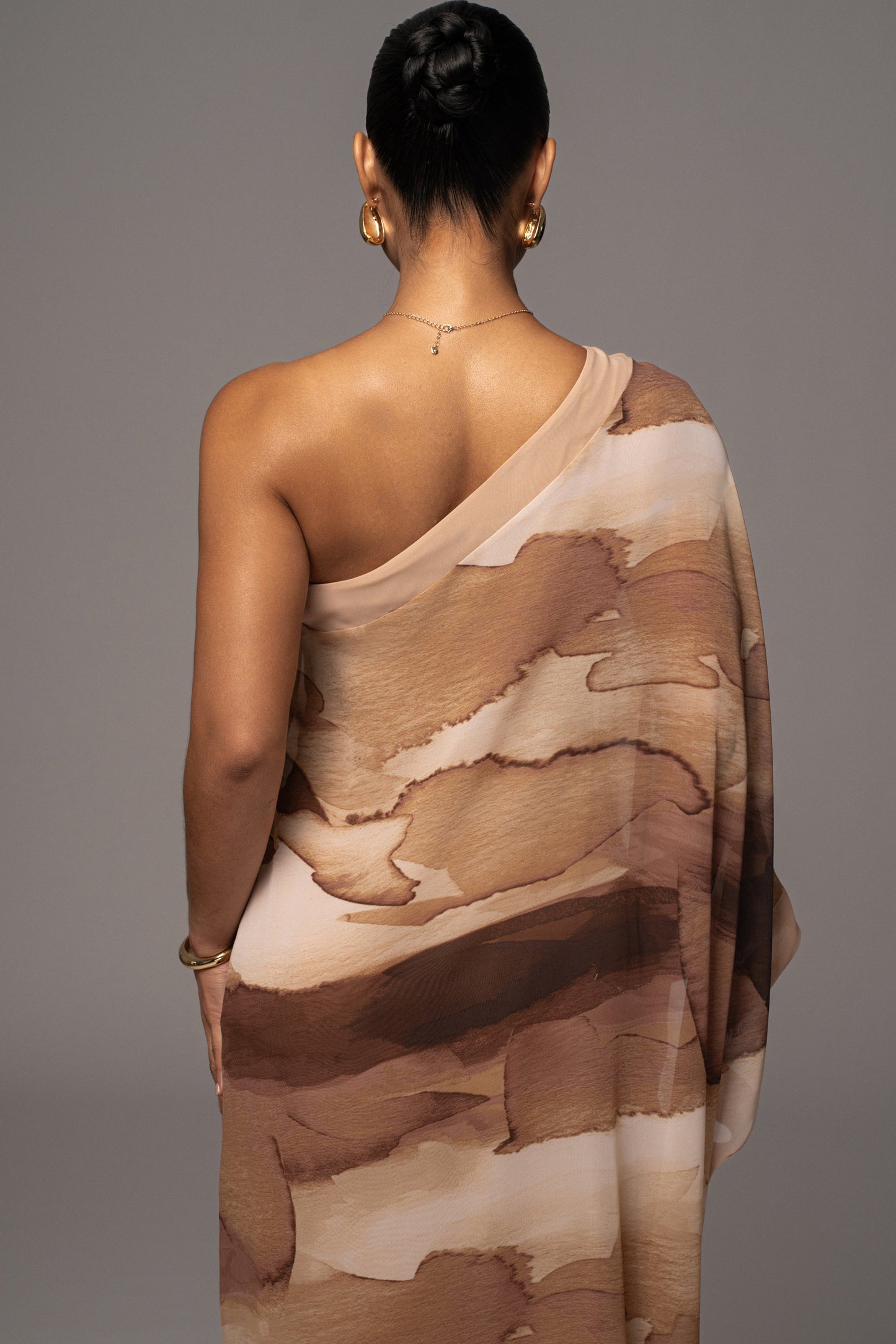 Tan Abstract Mariel One Shoulder Maxi Dress