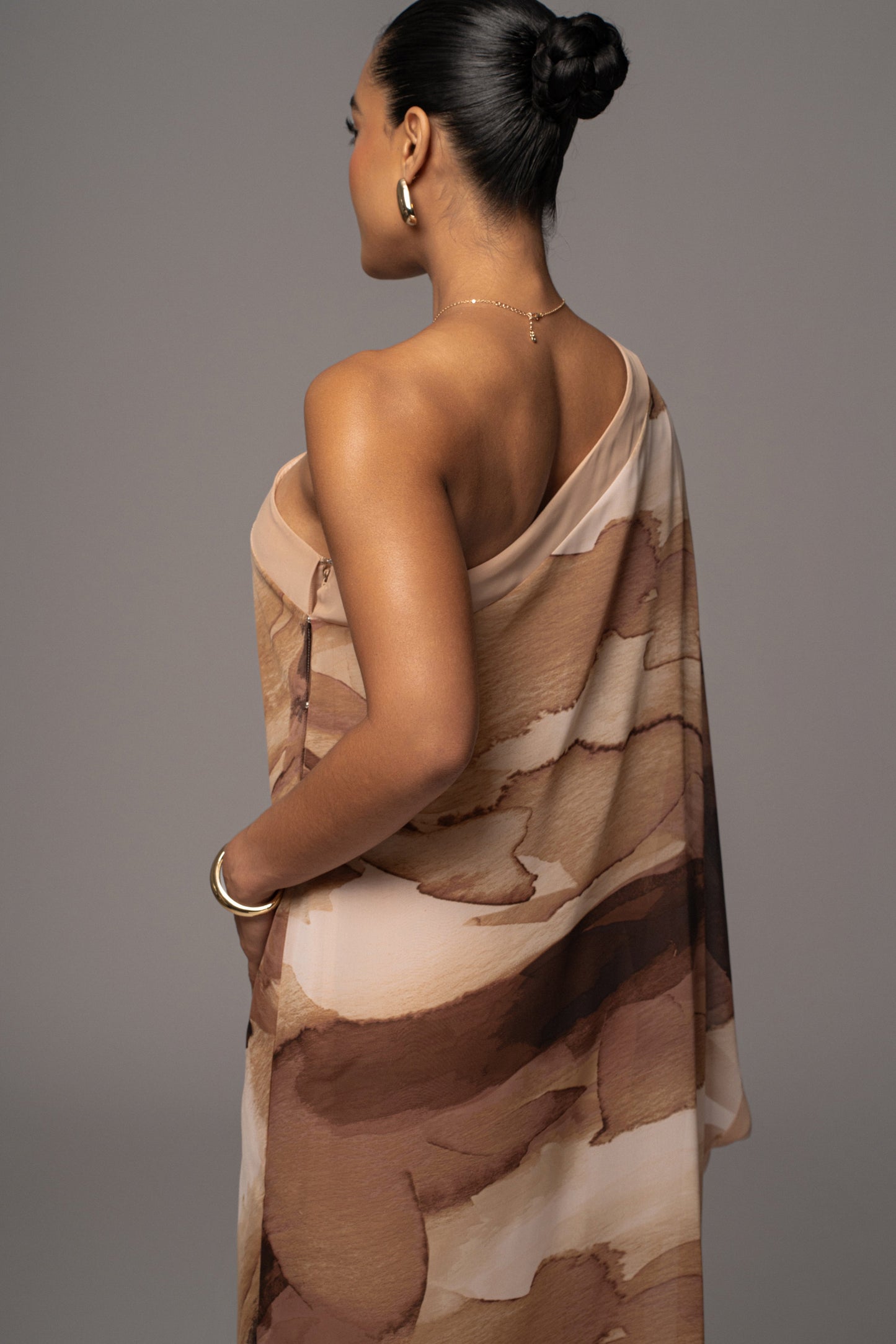 Tan Abstract Mariel One Shoulder Maxi Dress